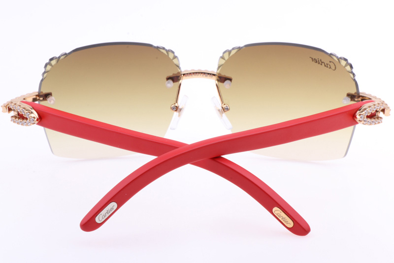 CT 8300818 Big Diamonds Engrave Lens Red Wood Sunglasses In Gold Brown